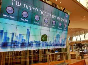 The Tel Aviv Stock Exchange lobby. Photo by Yaniv Morozovsky via Wikimedia, CC BY-SA 4.0